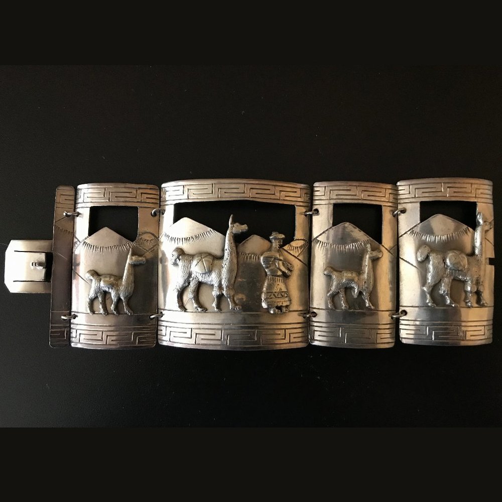 Silver Peruvian Cuff Bracelet with Llama and person